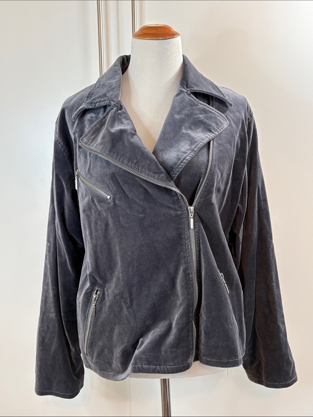 D2 by Diane von Furstenberg Gray Velour Moto Jacket | Asymmetrical Zip | XL
